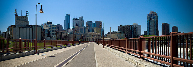 Minneapolis skyline from an empty bridge